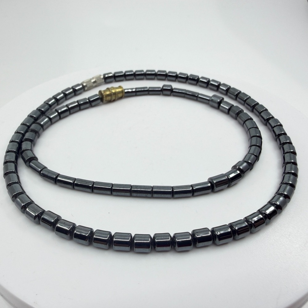 Hematite Barrel Bead Bracelet - Minimalist Dark Gray Stackable Unisex